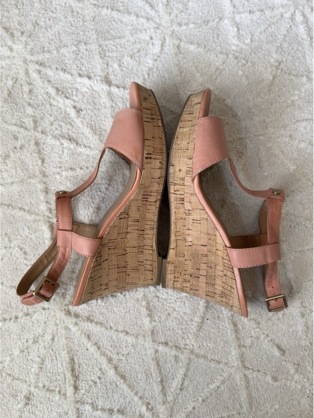 Franco Sarto Corridor Peachle T-Strap Cork Wedge Sandals Pink Leather 10M